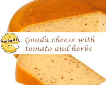 Gouda cheese with tomato and herbs, two months matured, price gouda cheese for 250 grams, 500, 750 and 1 kilo