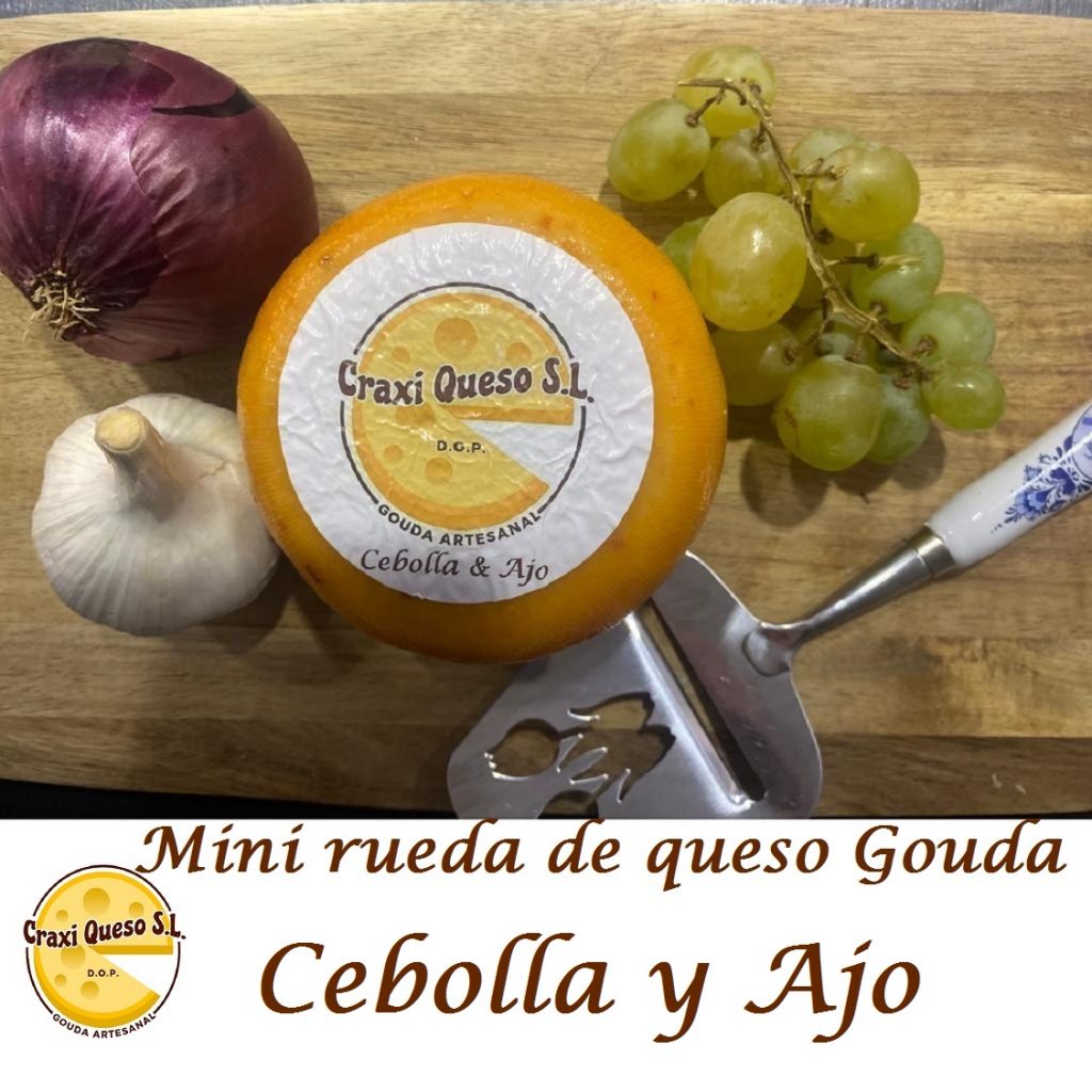 Craxi mini queso Gouda 48+ con cebolla y ajo, pequeño queso Gouda de granja de leche cruda con un peso en rueda de 500 gramos