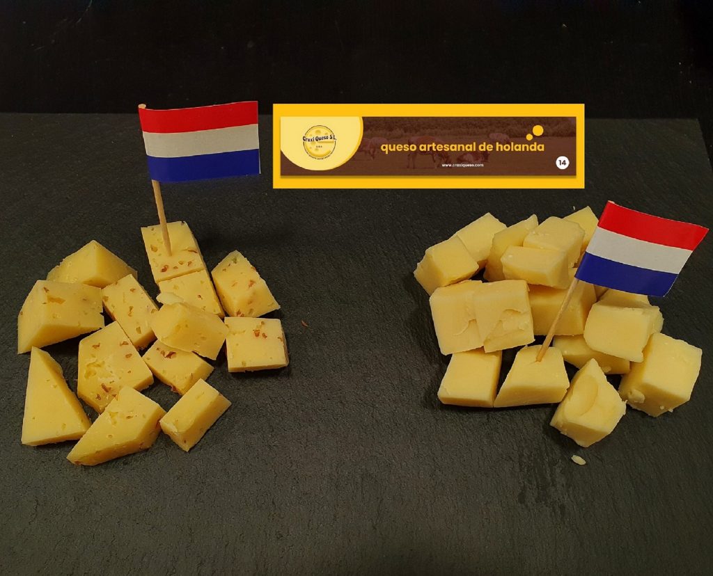 Test pieces of artisan Gouda cheese from the Netherlands. Address: Mercado de la Merced stall 14 in the city center of Málaga