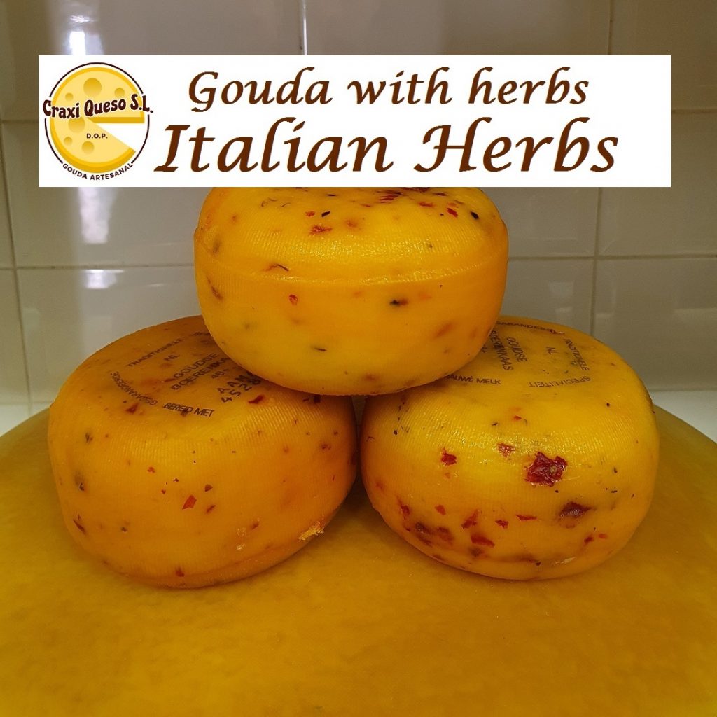 Gouda cheese made from raw cow milk. Craxi Italian Gouda Cheese with Italian herbs such as pieces of dried tomato, onion, pepper, garlic, basil, thyme and pepper Price €9.60