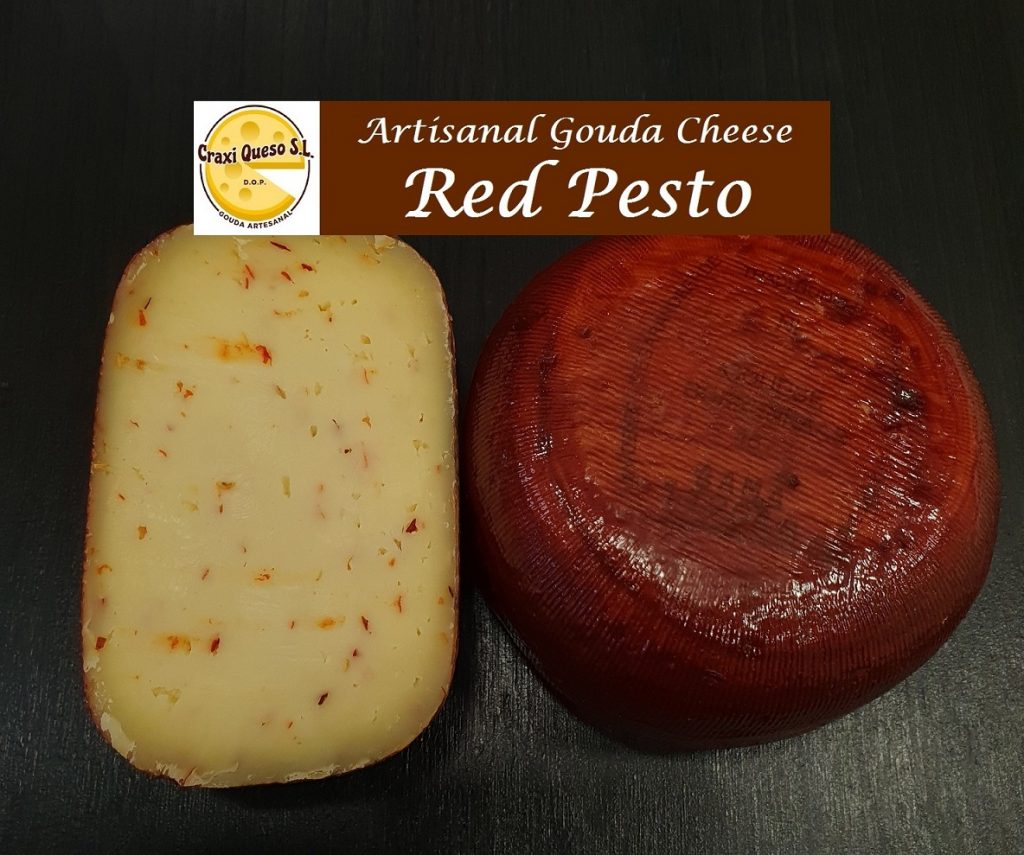 Raw milk cow cheese with red pesto. Artisan Gouda Cheese with herbs with a Wheel Weight of ±0.50 kg Price €9.60