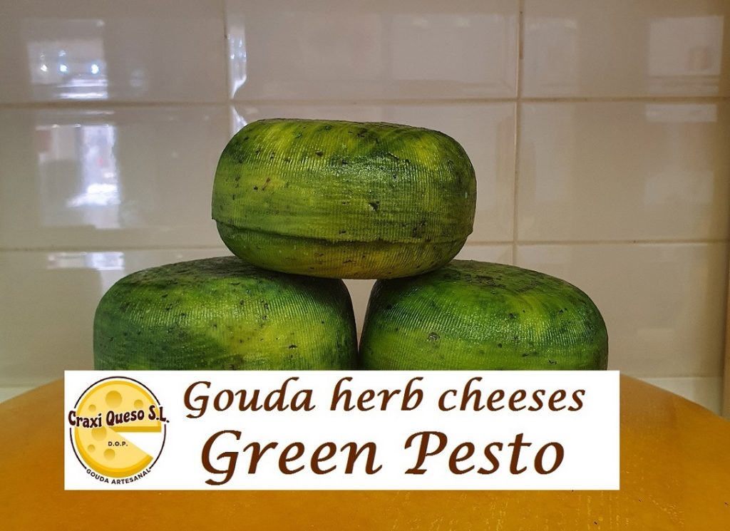 Dutch raw milk cow's cheese with green pesto. Artisan Gouda Cheese with pesto herbs with a Cheese Wheel Weight of ±0.50 kg Price €9.60 per cheese