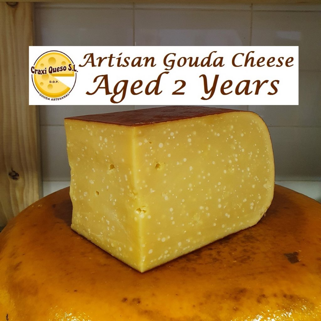 2 year aged Gouda cheese with crystals. Craxi artisan raw milk Gouda cheese with a ripening period of 24 months