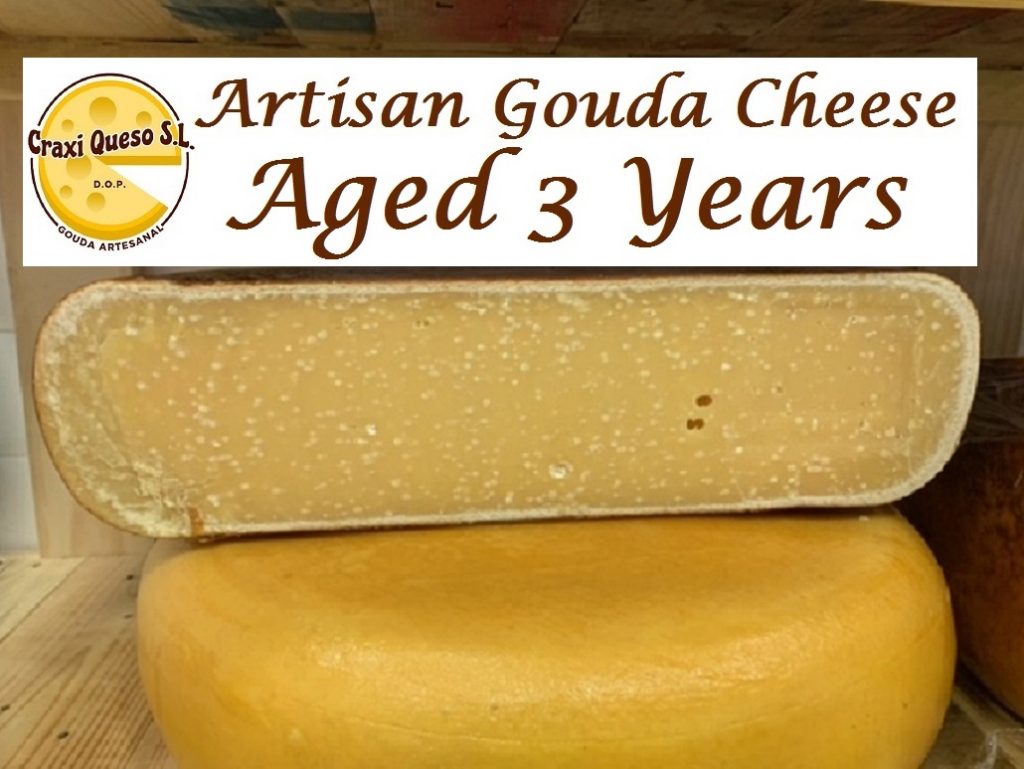 3 year aged Gouda cheese with crystals. Craxi artisan raw milk Gouda cheese with a ripening period of 36 months