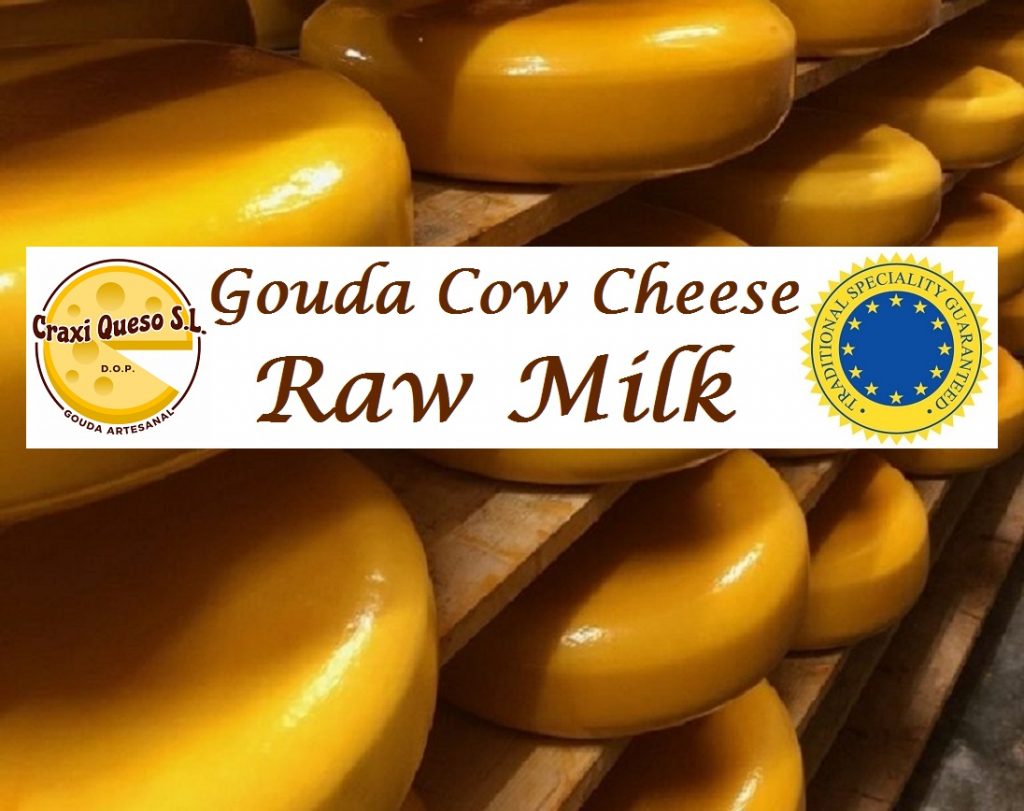 Cured cheese from Craxi Queso in Spain. Artisanal Dutch Gouda cow cheese, made with raw milk
