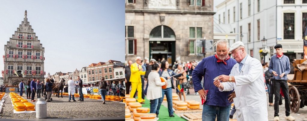 Mercado de queso Gouda y granjero de queso en negociaciones de precios con un comerciante de queso