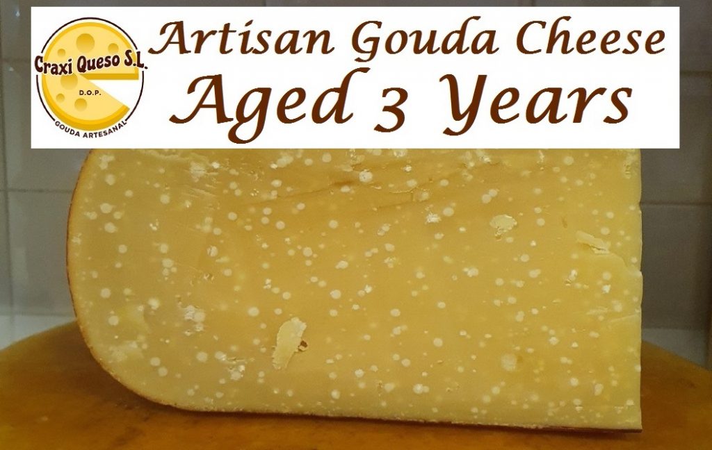 Wedge of 3 year old Gouda cheese. Gouda cheese wedges: Mild/young, Semi-cured, Cured, Old, and Extra Old.