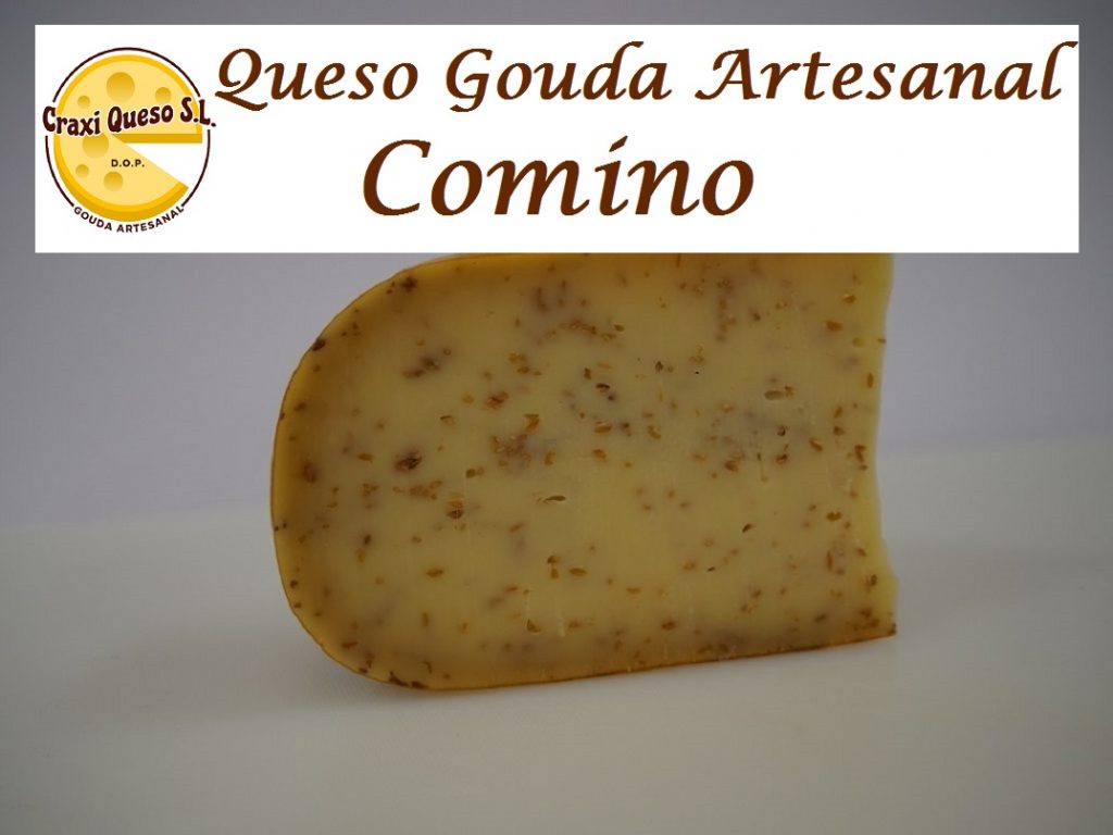Gouda con comino. Queso Gouda artesanal holandés con semillas de comino, elaborado con leche cruda de vaca. A la venta en Craxi Queso, España. Precio: 22,60 €/kg.