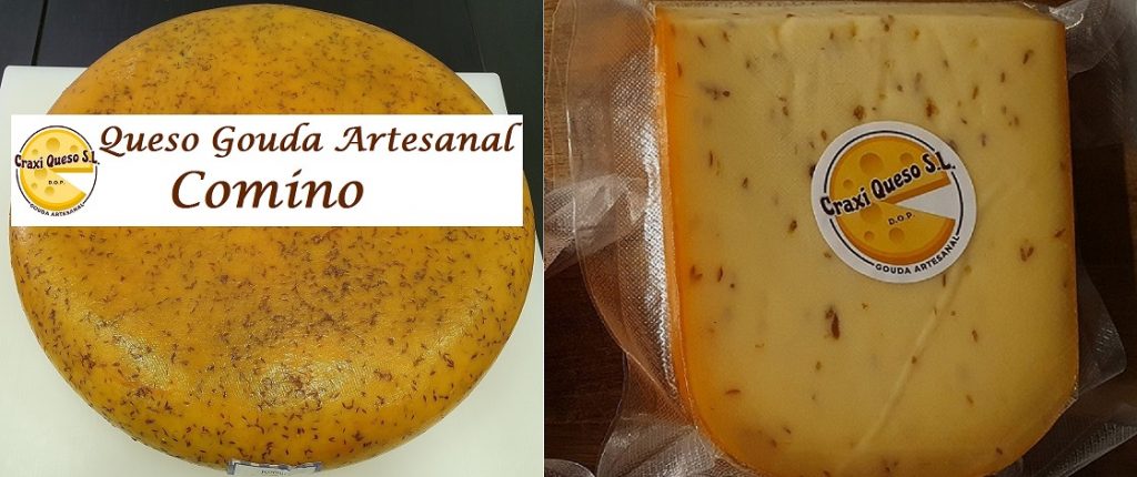 Delicioso Gouda con comino de Craxi. Queso Gouda artesanal holandés con semillas de comino, elaborado con leche cruda de vaca