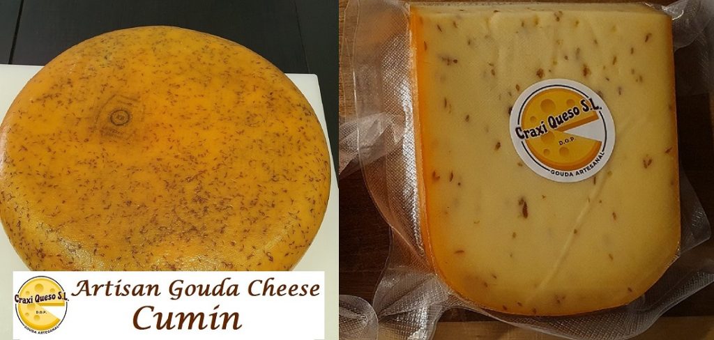 Tasty Gouda with cumin from Craxi cheese. Artisanal Dutch Gouda cheese with cumin seeds made with raw cow's milk