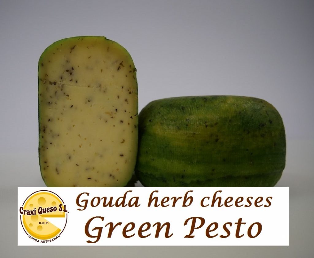 Cow cheese with basil, oregano, paprika, garlic, and pepper. Dutch artisanal Gouda cheese with herbs for sale in Spain at Craxi Queso