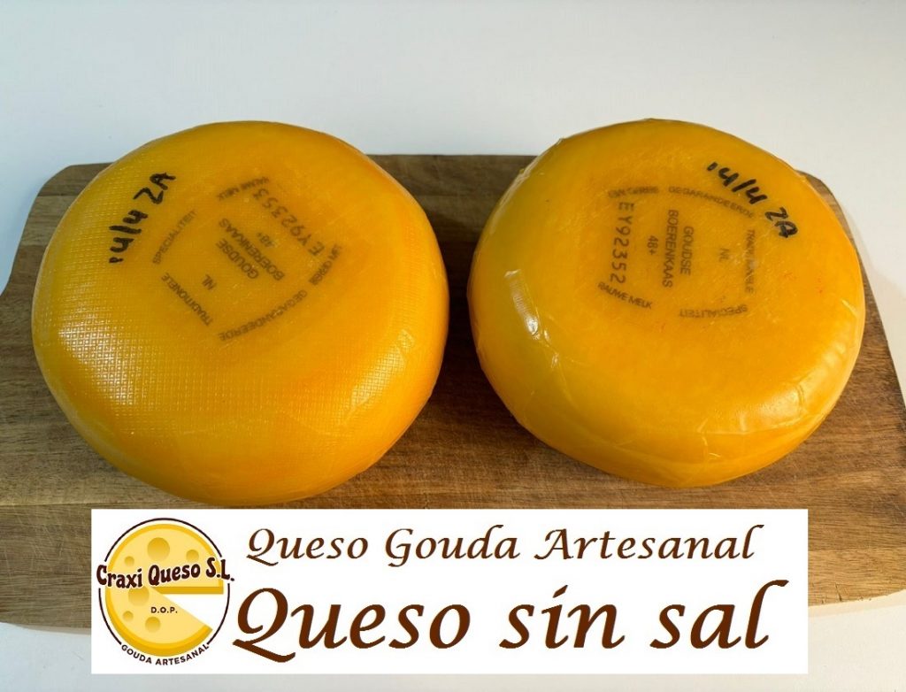 Comida sin sal. Queso de régimen de Craxi: Gouda de leche de vaca entera sin sal.