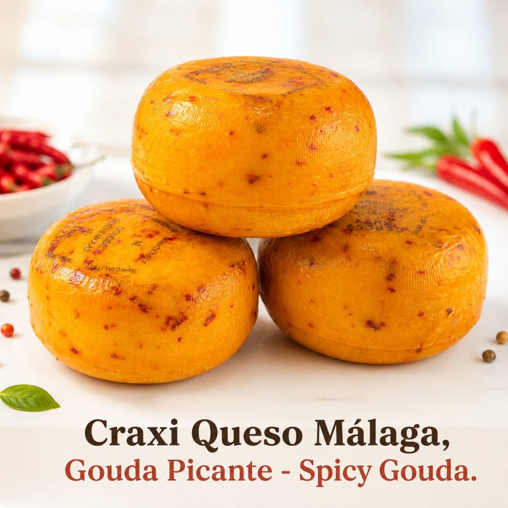 Buy Spicy Cheese Made with Raw Cow’s Milk at Craxi Queso. Traditional Dutch Gouda with Chili Peppers.