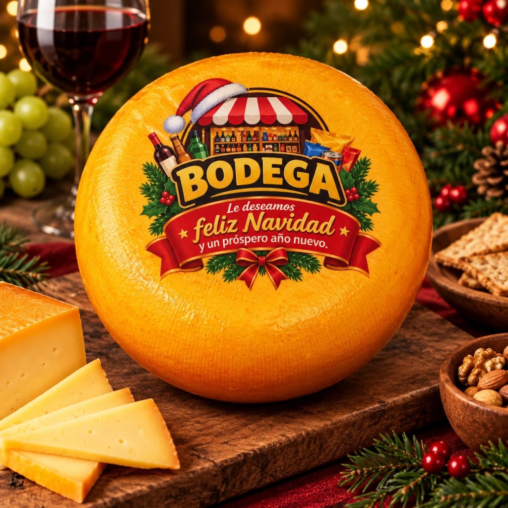 Gourmet Business Gifts. Premium artisanal Gouda cheese customized with a company logo and personal Christmas message.